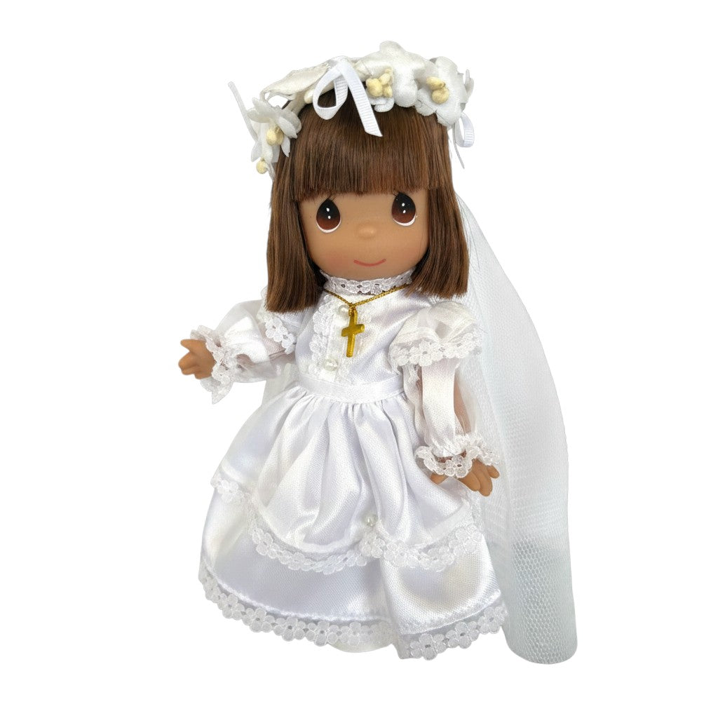 The Doll Maker brunette First Communion doll in a white satin gown, veil, and gold cross necklace.