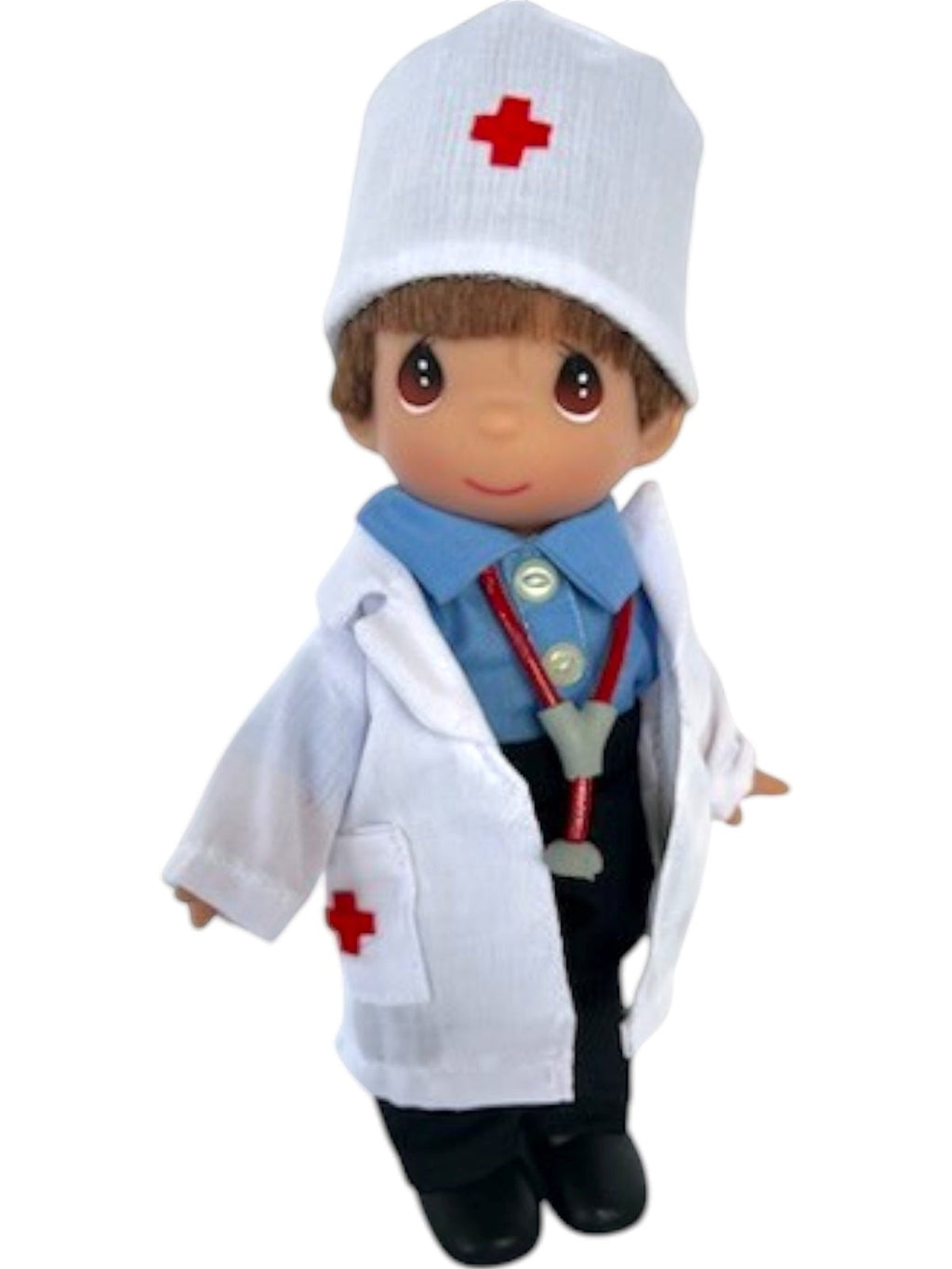 The Doll Maker Caring Heart Dr boy doll, 7-inch vinyl doctor with stethoscope, blue shirt, black pants, and white coat with red heart detail.