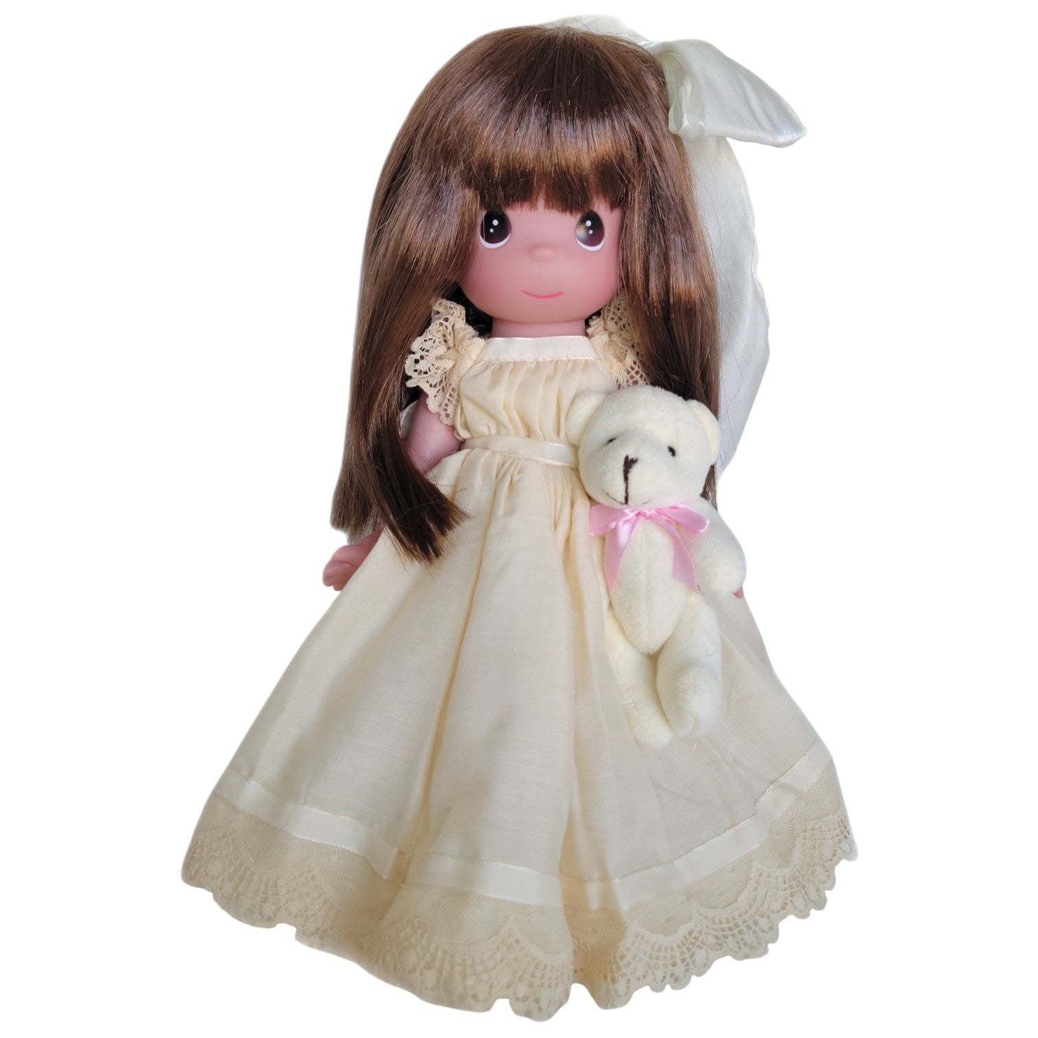The Doll Maker Cherish Me Always Auburn doll in ivory lace gown holding a teddy bear.