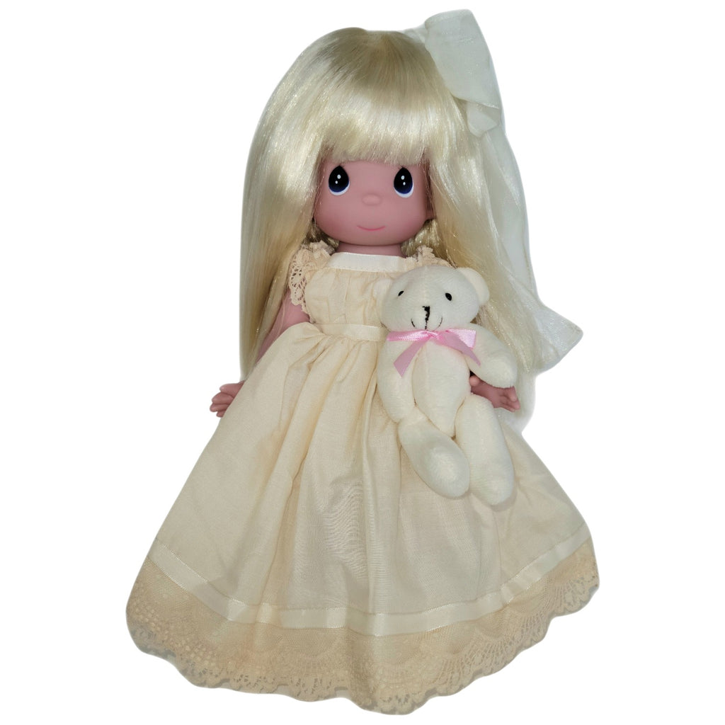 The Doll Maker Cherish Me Always Blonde doll in ivory lace gown holding a teddy bear with pink bow.