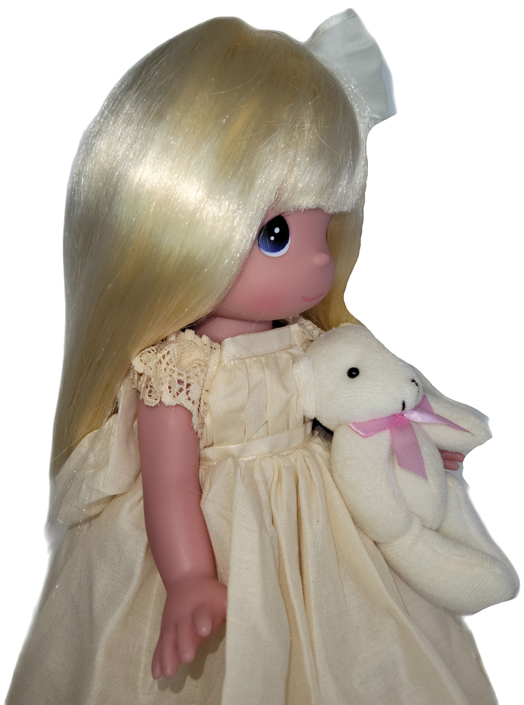 The Doll Maker Cherish Me Always Blonde doll in ivory lace gown holding bear
