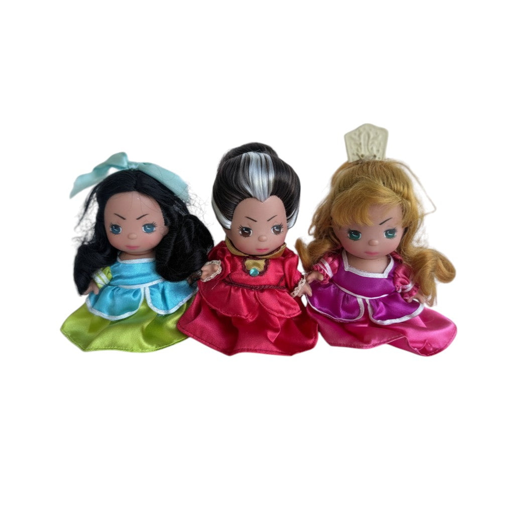 The Doll Maker's Cinderella stepfamily 5" doll set featuring the stepmother and two stepsisters in colorful satin dresses.