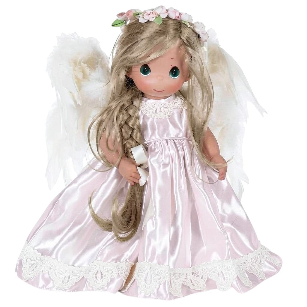 The Doll Maker's 16" My Guardian Angel doll with blonde hair, green eyes, wearing a pink satin dress and white feathered wings.