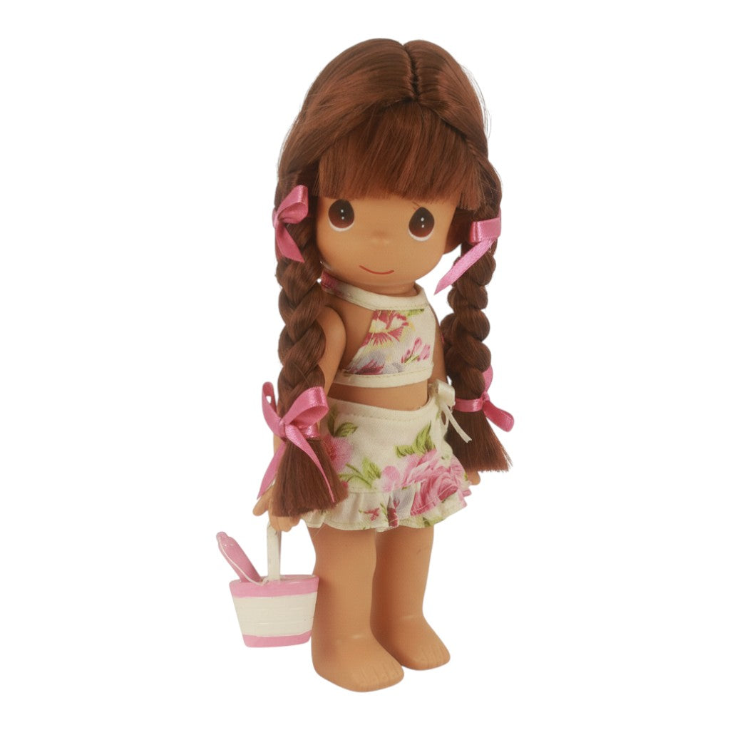 The Doll Maker Sand Castle Dreams Brunette 9 inch vinyl doll with blonde friend, floral swimsuits, pink bows, holding buckets.
