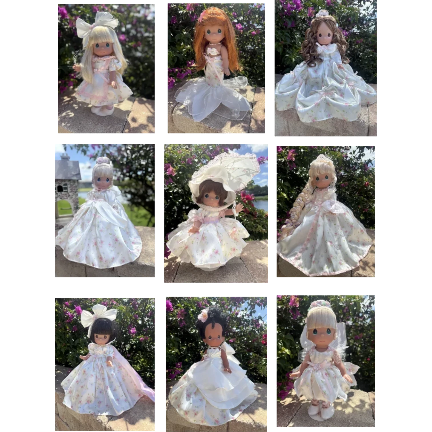 The Doll Maker Spring Bouquets 12-inch dolls in floral print dresses. Limited edition collectible dolls.